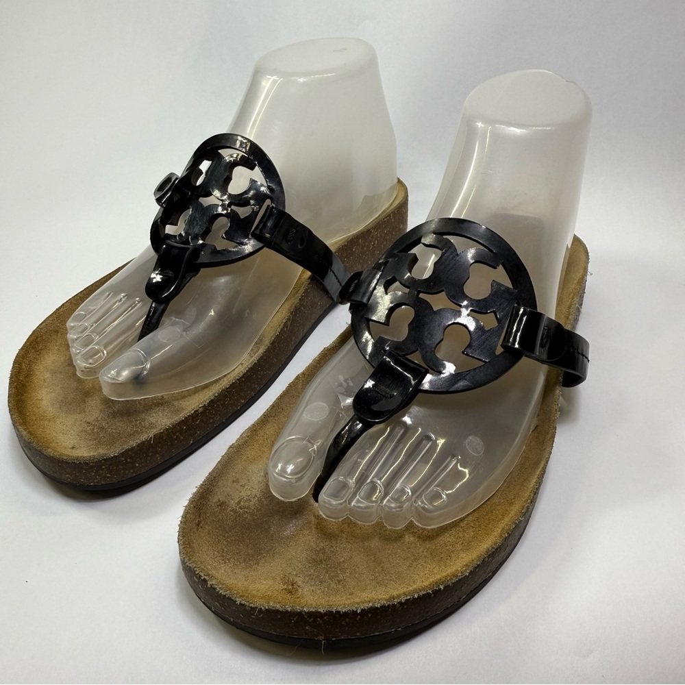 Tory Burch Miller cloud Black Patent Logo Sandals size 7.5M